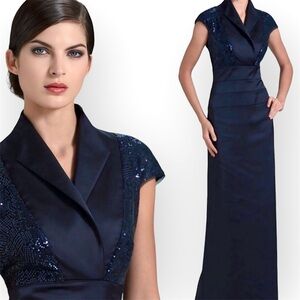 Tadashi Shoji Sequin Collared Navy Blue Formal Maxi Gown | 14